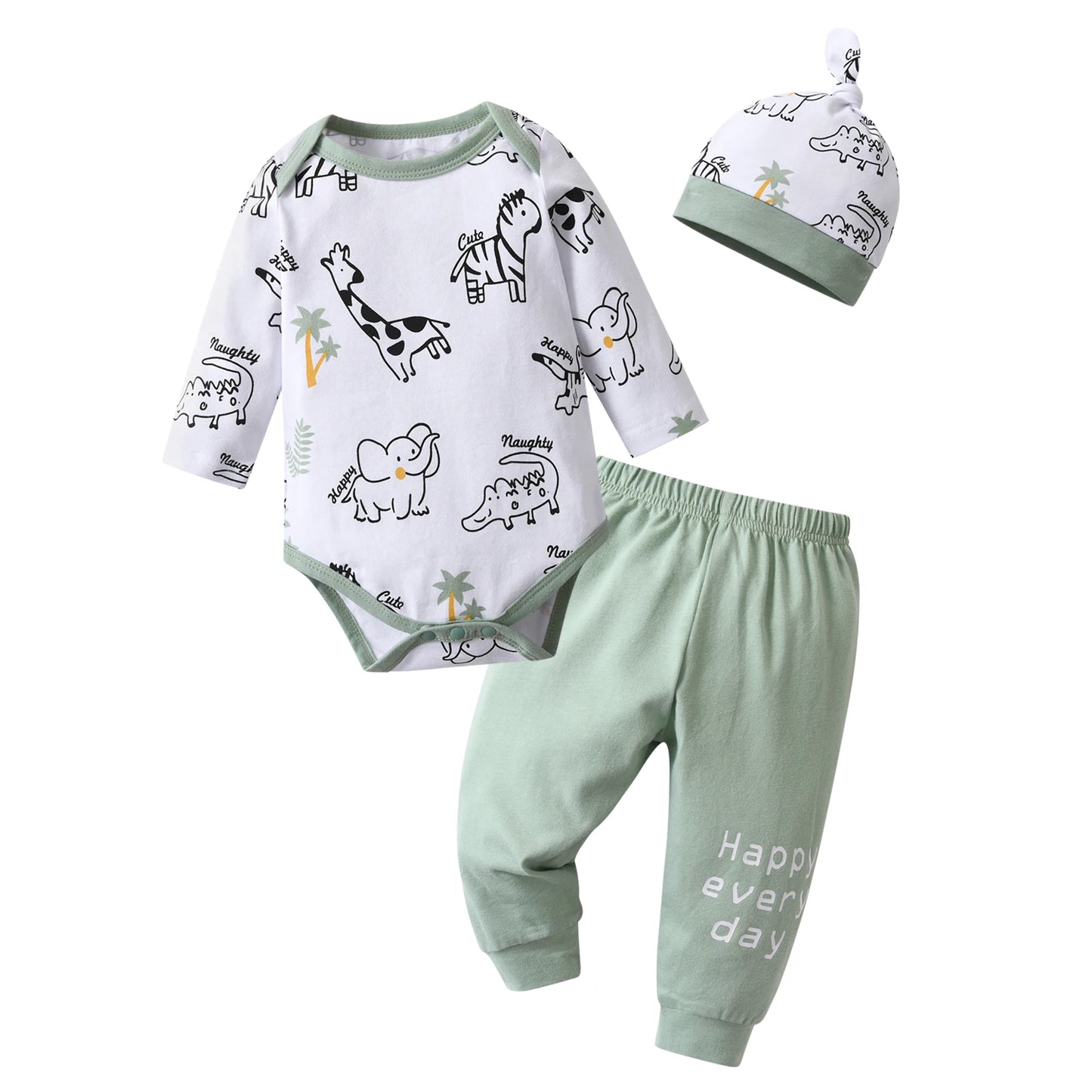 Newborn Baby Boy Spring Autumn Clothes Set Animal Printed Long Sleeve Romper Bodysuit Top infant Pants with Hat Clothing for Boy - 1501 - Image 1